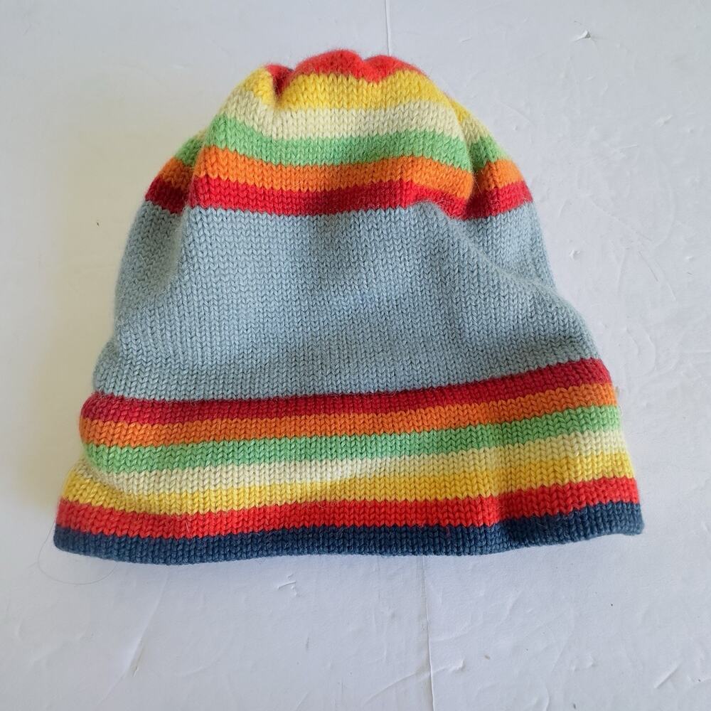 Vintage Meister 100% Wool Knit Beanie Hat Rainbow Stripe Made in Hong Kong